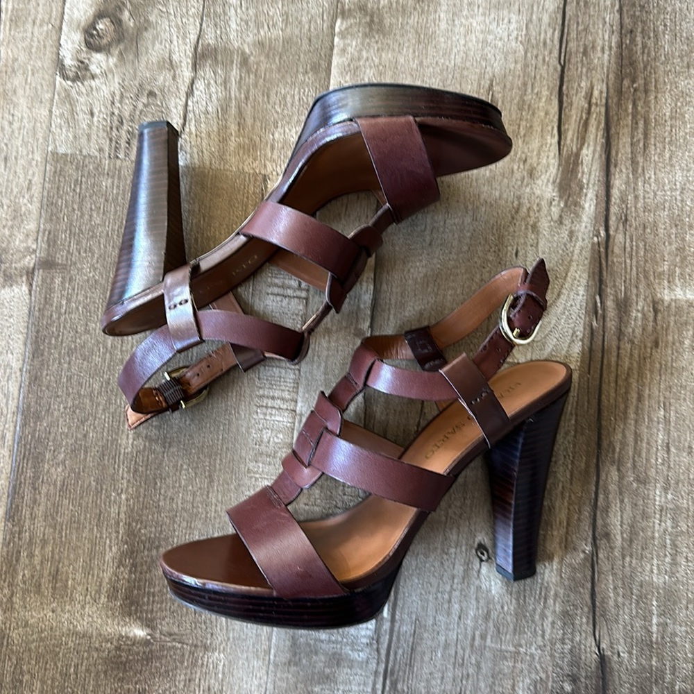 4.5” Stacked Wood Platform Leather Franco Sarto Betsy Chestnut Strappy Heels 9 - Picture 5 of 16